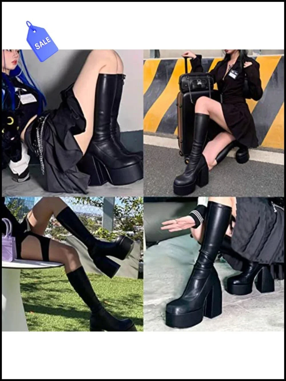 Women's Chunky High Heel Square Toe Side Zipper PU Leather Stretch Platform
